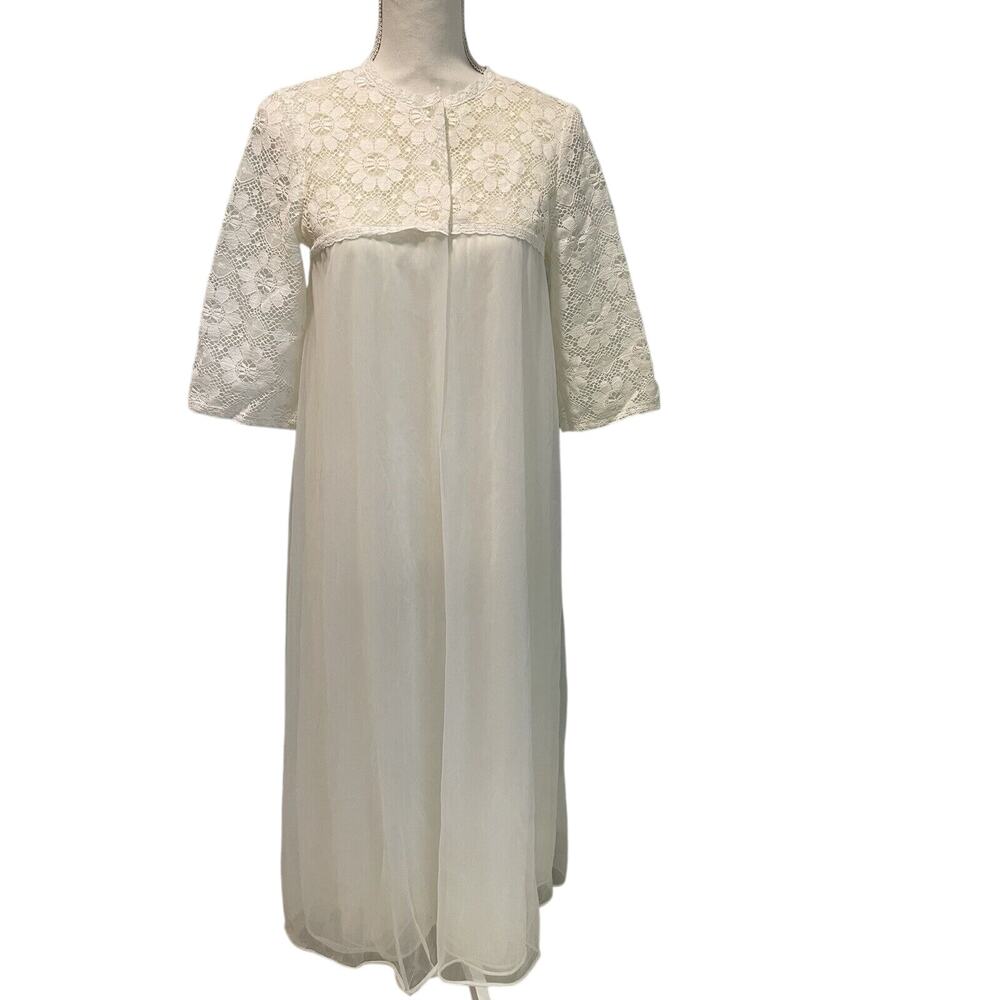 Vtg nylon Lace Nightgown Robe gown maxi Peignoir Set White Sears S